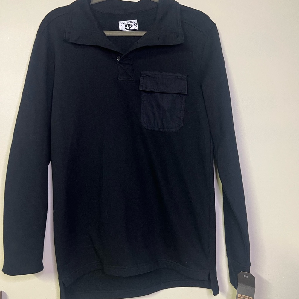 Converse Sweater Mens Small Black Henley Mock Neck Pocket One Star Pullover